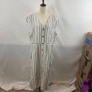 Loft Striped Dress 16 White Blue Button Front Pockets Drop Sleeve Linen Blend